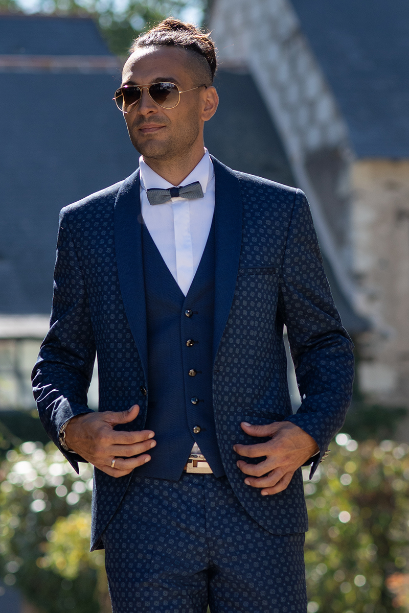 Costume Homme tendance bleu marine à motifs et col châle - Smoking navy