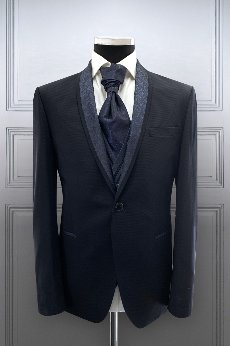 Costume homme bleu marine col châle à satiné motifs